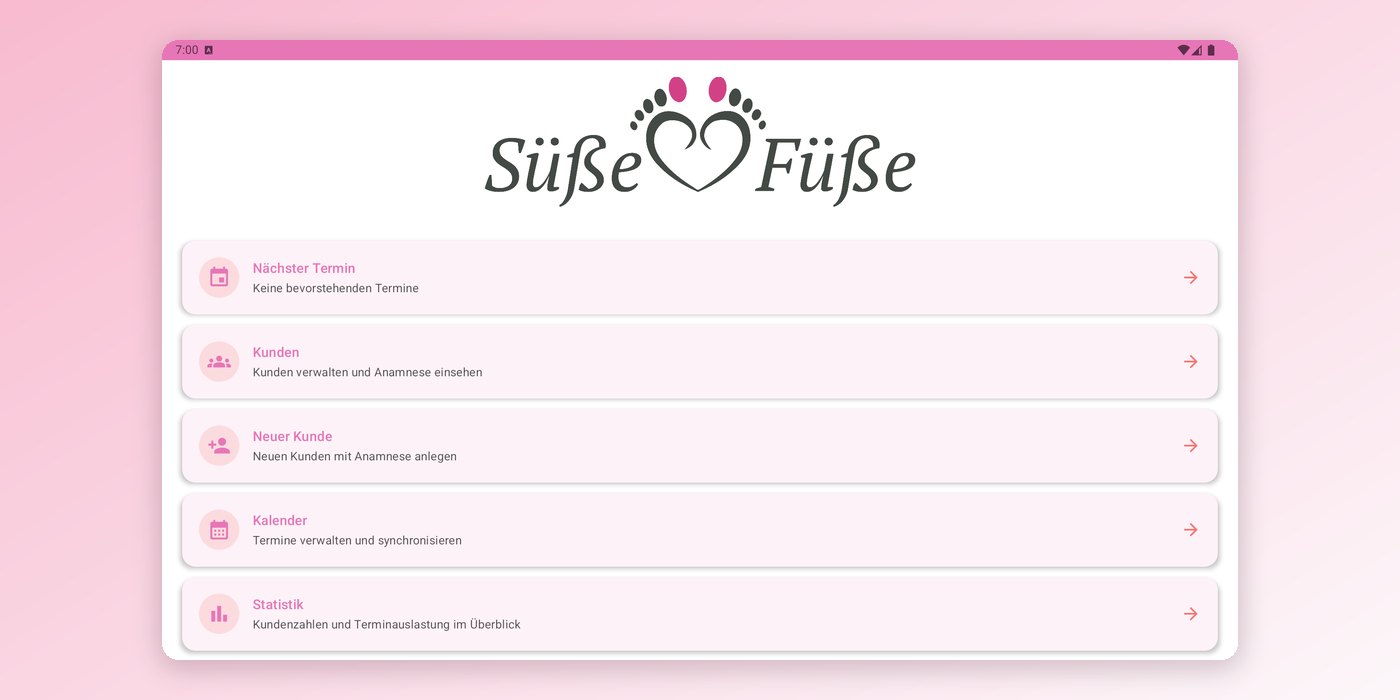 Die Startseite der Kundenkartei auf dem Tablet: Nächster Termin, Kunden, Neuer Kunde, Kalender und Statistik – im Design von Süße Füße
